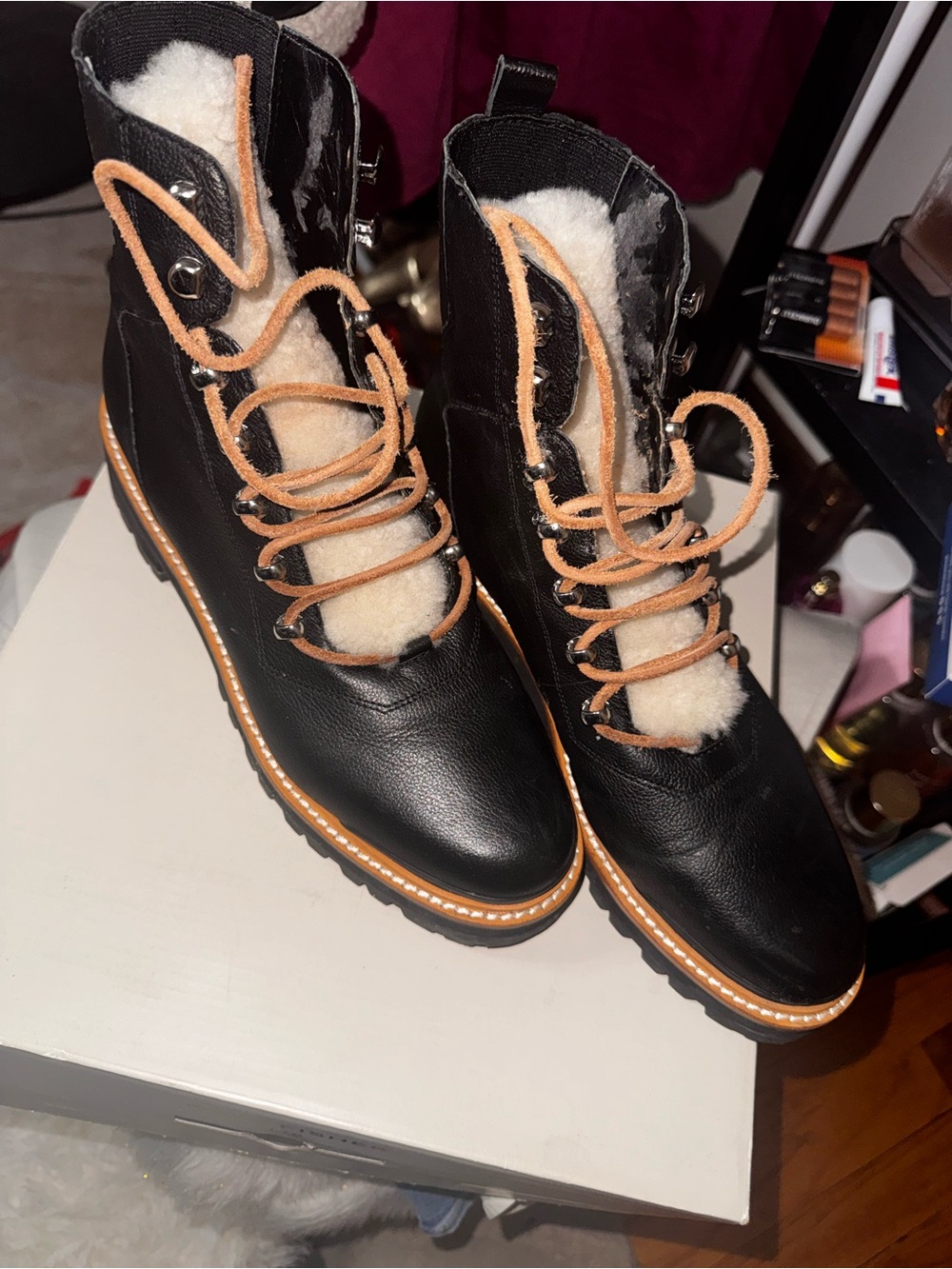 Marc Fisher Women’s Black Shearling-Lined Lace-Up Ankle Boots